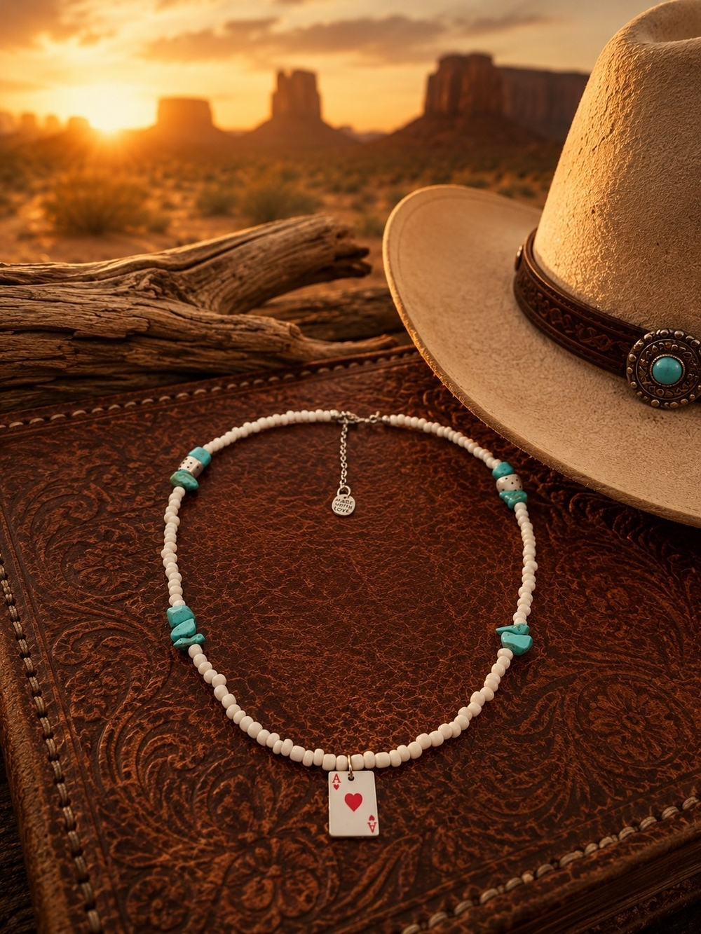 White and Turquoise Beaded Necklace with Ace of Hearts Charm